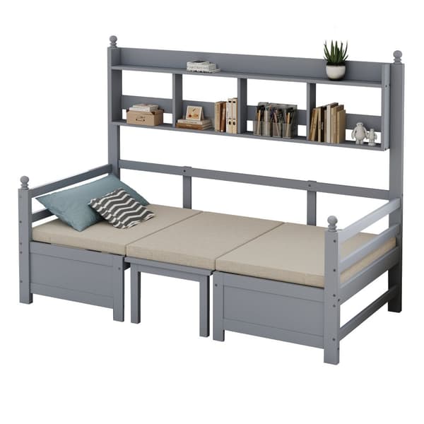 Vuodesohva 200x90 cm - 2 in 1 sänky ja työpöytä - kirjahyllyllä - mukavilla tyynyillä - massiivipuu - harmaa