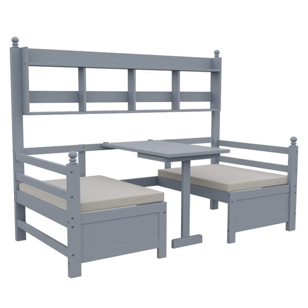 Vuodesohva 200x90 cm - 2 in 1 sänky ja työpöytä - kirjahyllyllä - mukavilla tyynyillä - massiivipuu - harmaa