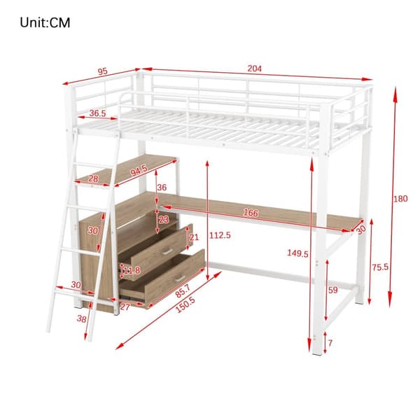 Parvisänky 90 x 200 cm - Kulmapöytä laatikoilla - MDF:stä ja metallista - Valkoinen