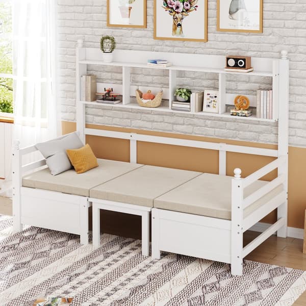 Bäddsoffa 200x90 cm - 2 i 1 säng och skrivbord - med bokhylla - med sköna dynor - massivt trä - vit