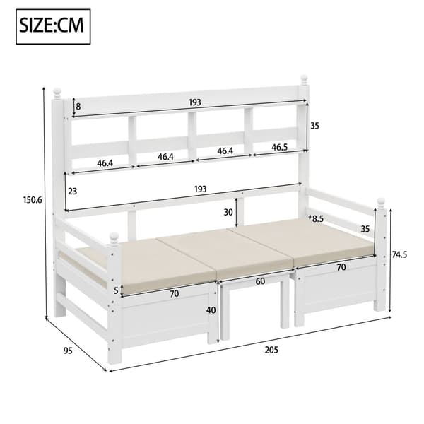 Bäddsoffa 200x90 cm - 2 i 1 säng och skrivbord - med bokhylla - med sköna dynor - massivt trä - vit