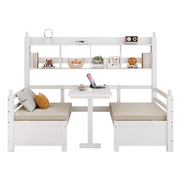 Bäddsoffa 200x90 cm - 2 i 1 säng och skrivbord - med bokhylla - med sköna dynor - massivt trä - vit