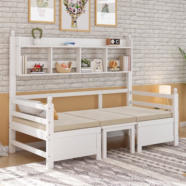 Bäddsoffa 200x90 cm - 2 i 1 säng och skrivbord - med bokhylla - med sköna dynor - massivt trä - vit