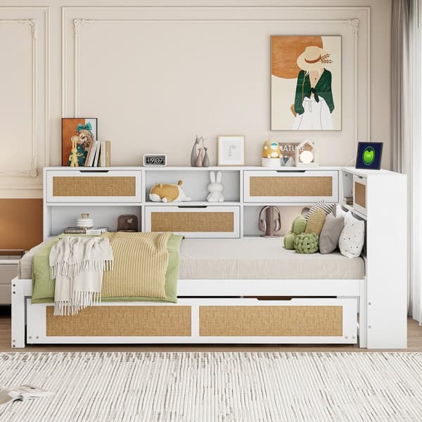 Bäddsoffa i massivt trä 90x200cm - Med utdragbar säng - Med många förvaringsfack - Med lådanslutning - Vit (utan madrass)
