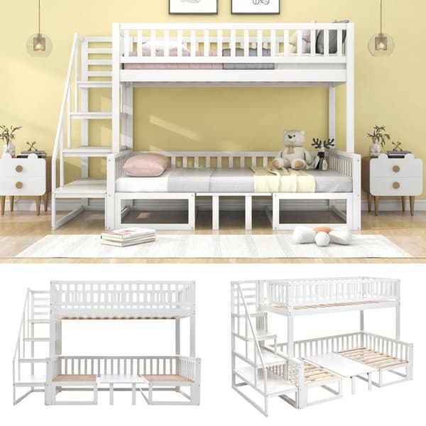 Mezzanine-säng 90 x 200 cm + 120 x 200 cm av massivt furuträ med bord och soffa + lamellramar - vit