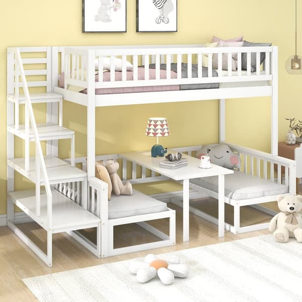 Mezzanine-säng 90 x 200 cm + 120 x 200 cm av massivt furuträ med bord och soffa + lamellramar - vit