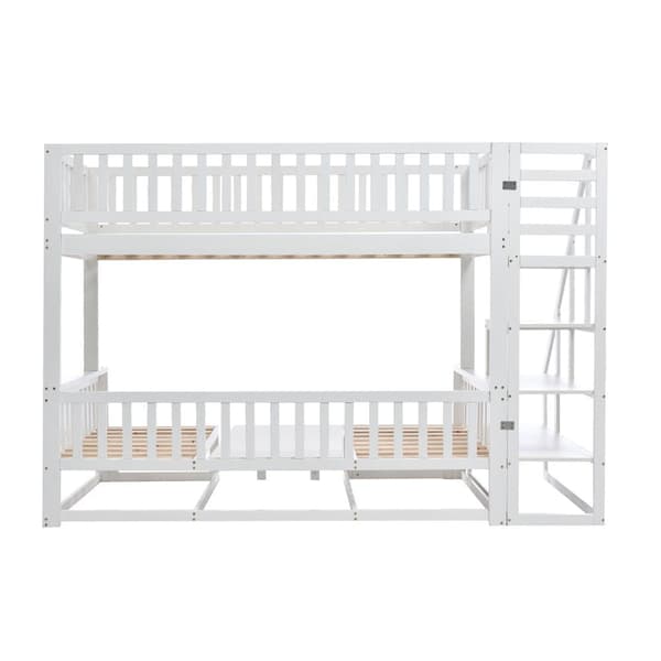 Mezzanine-säng 90 x 200 cm + 120 x 200 cm av massivt furuträ med bord och soffa + lamellramar - vit