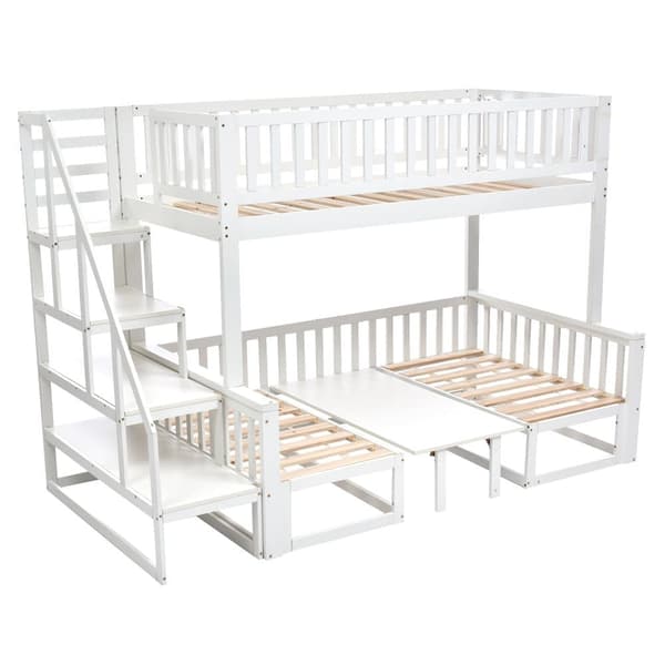 Mezzanine-säng 90 x 200 cm + 120 x 200 cm av massivt furuträ med bord och soffa + lamellramar - vit