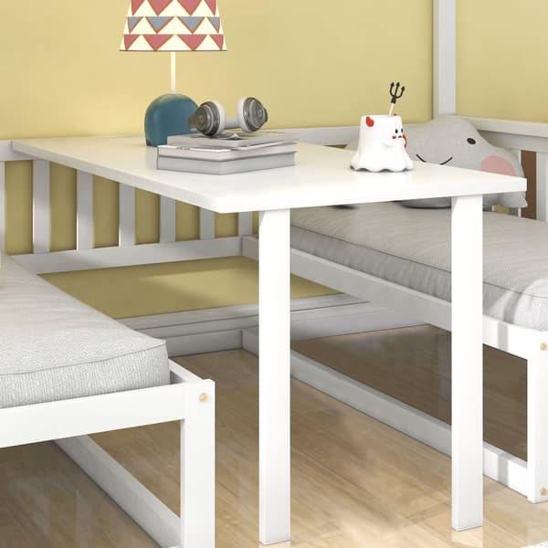 Mezzanine-säng 90 x 200 cm + 120 x 200 cm av massivt furuträ med bord och soffa + lamellramar - vit