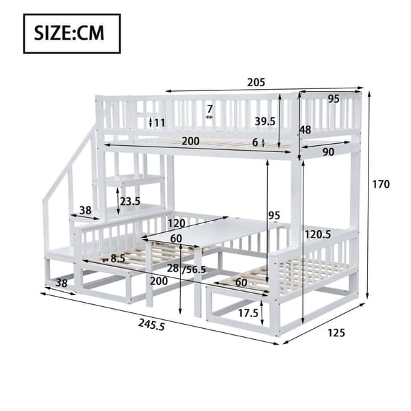 Mezzanine-säng 90 x 200 cm + 120 x 200 cm av massivt furuträ med bord och soffa + lamellramar - vit