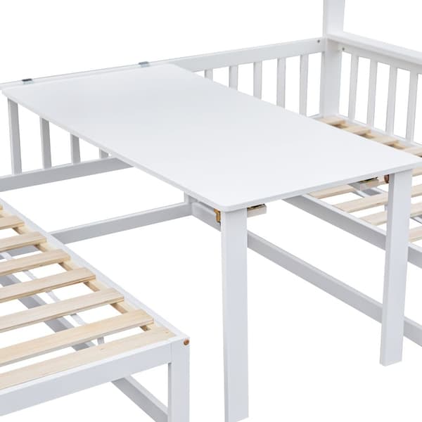 Mezzanine-säng 90 x 200 cm + 120 x 200 cm av massivt furuträ med bord och soffa + lamellramar - vit