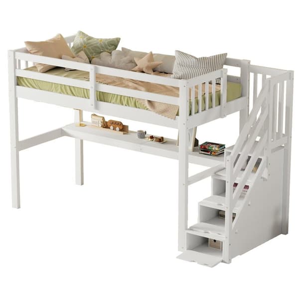 Loftsäng av furu - 90x200cm - med förvaringstrappa och skrivbord - med lamellram - vit