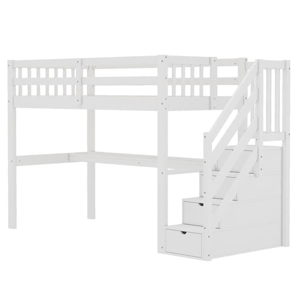 Loftsäng av furu - 90x200cm - med förvaringstrappa och skrivbord - med lamellram - vit