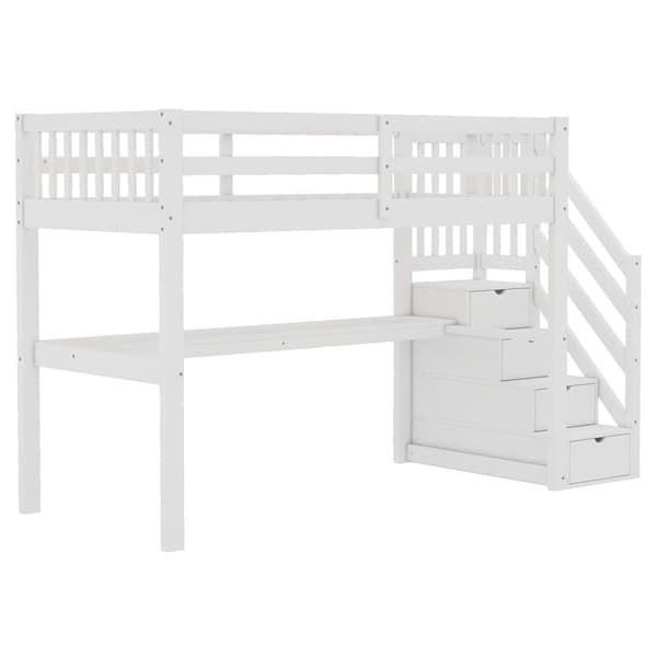Loftsäng av furu - 90x200cm - med förvaringstrappa och skrivbord - med lamellram - vit