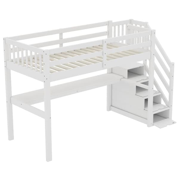 Loftsäng av furu - 90x200cm - med förvaringstrappa och skrivbord - med lamellram - vit