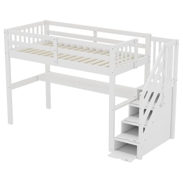 Loftsäng av furu - 90x200cm - med förvaringstrappa och skrivbord - med lamellram - vit