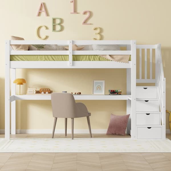 Hemseng lavet af fyrretræ - 90x200cm - med opbevaringstrapper og skrivebord - med lamelramme - hvid