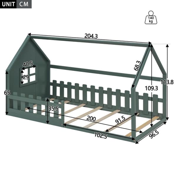 Børns hemseng 90x200 cm - i form af et hus - lavet af fyrretræ og MDF - grøn