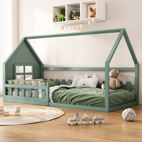 Børns hemseng 90x200 cm - i form af et hus - lavet af fyrretræ og MDF - grøn