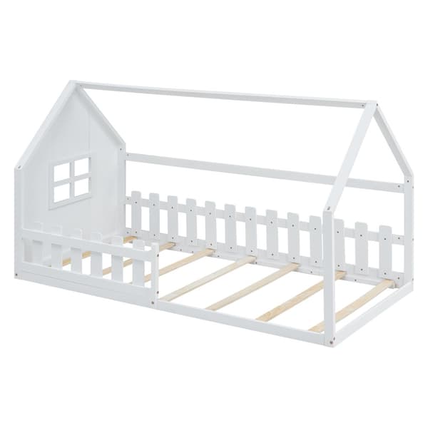 Loftsäng för barn 90x200 cm - i form av ett hus - tillverkad av furu och MDF - vit