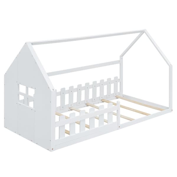 Loftsäng för barn 90x200 cm - i form av ett hus - tillverkad av furu och MDF - vit
