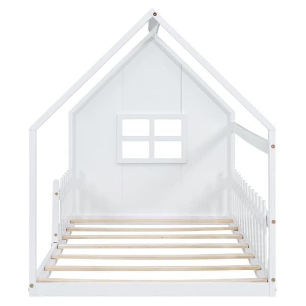 Loftsäng för barn 90x200 cm - i form av ett hus - tillverkad av furu och MDF - vit