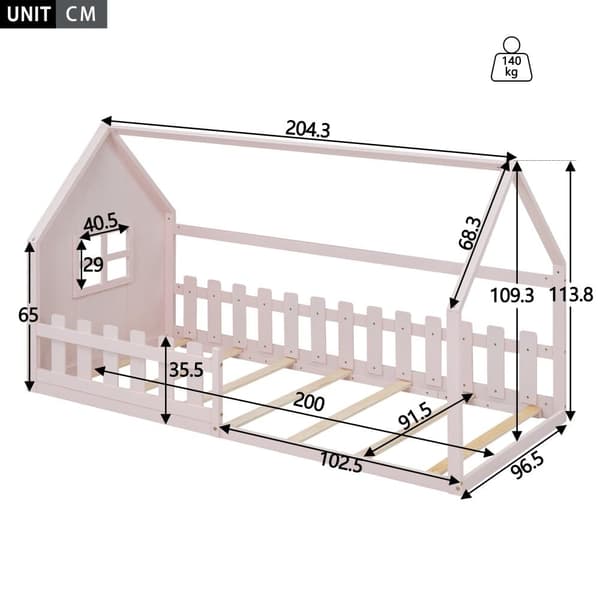 Børns hemseng 90x200 cm - i form af et hus - lavet af fyrretræ og MDF - Pink