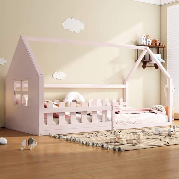 Børns hemseng 90x200 cm - i form af et hus - lavet af fyrretræ og MDF - Pink