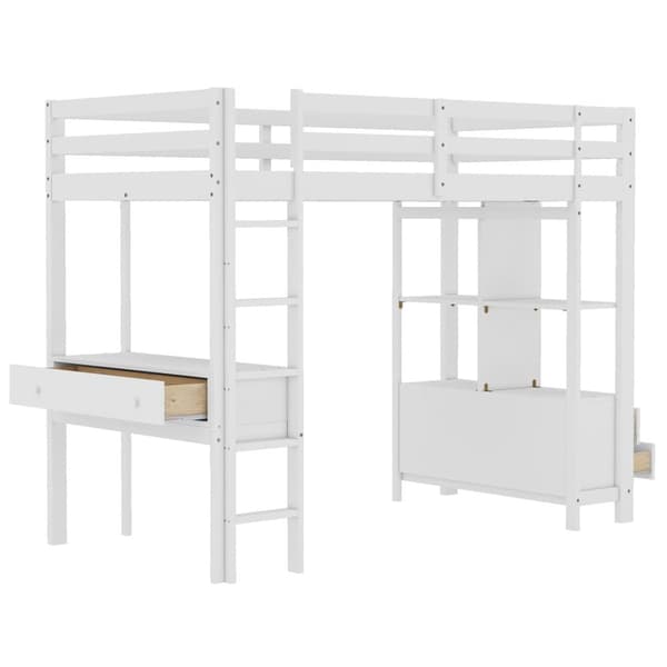 90x200cm loftsäng av massivt furuträ med skrivbord + lådor + hyllor + lamellram - vit