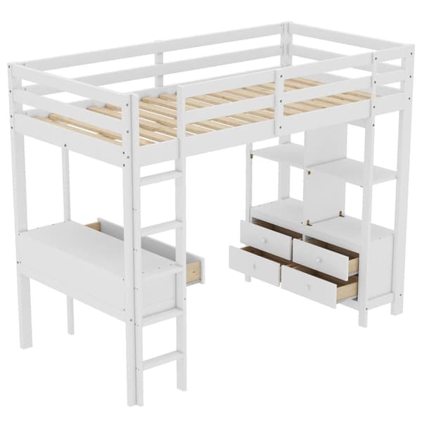 90x200cm loftsäng av massivt furuträ med skrivbord + lådor + hyllor + lamellram - vit