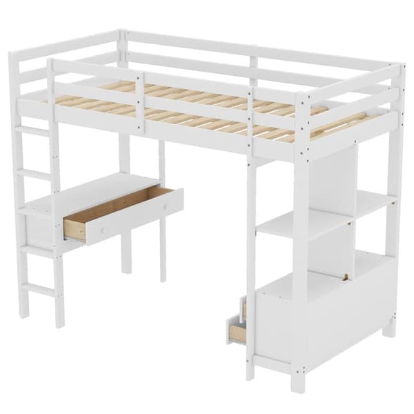 90x200cm loftsäng av massivt furuträ med skrivbord + lådor + hyllor + lamellram - vit