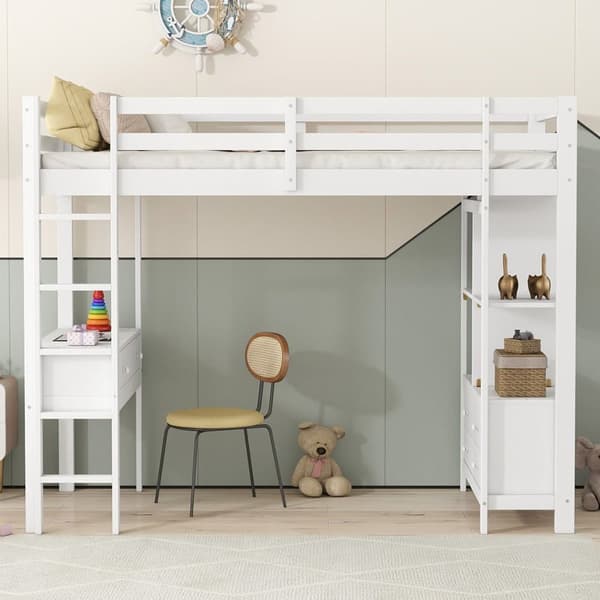 90x200cm loftsäng av massivt furuträ med skrivbord + lådor + hyllor + lamellram - vit