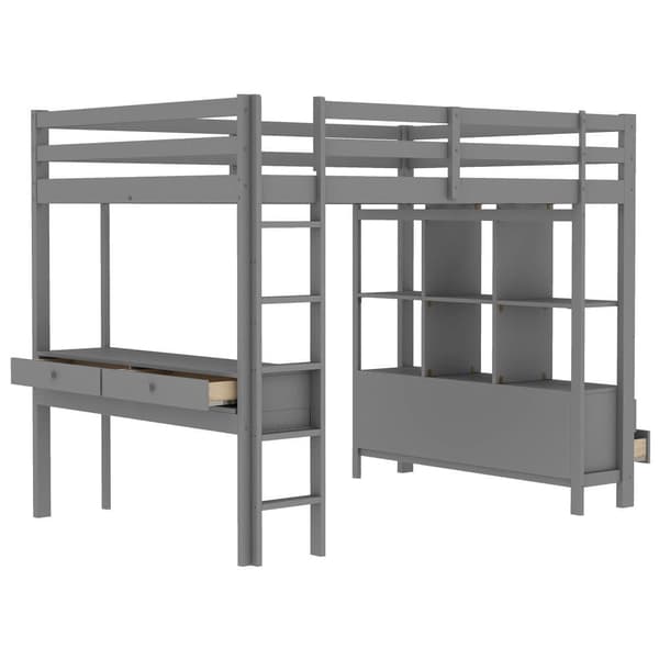 140 x 200 cm mellansäng av massivt furuträ med skrivbord + lådor + hyllor + spjälstomme - grå