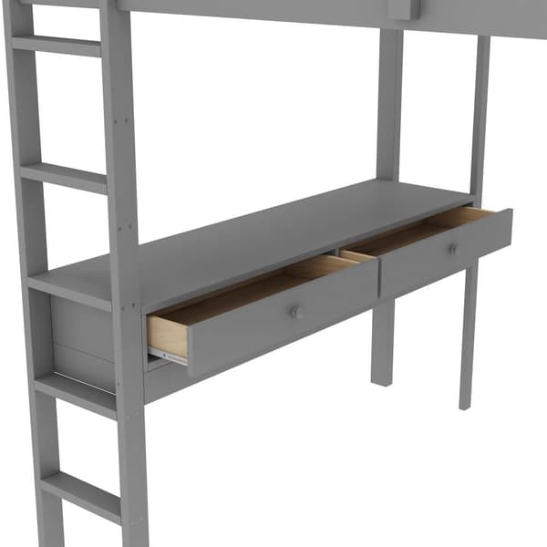 140 x 200 cm mellansäng av massivt furuträ med skrivbord + lådor + hyllor + spjälstomme - grå