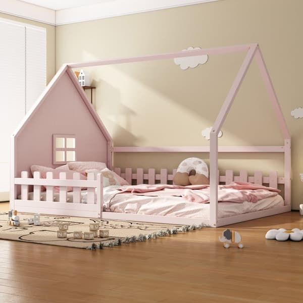 Hems til børn, 140 x 200 cm - Husform - Fyrretræ og MDF - Pink