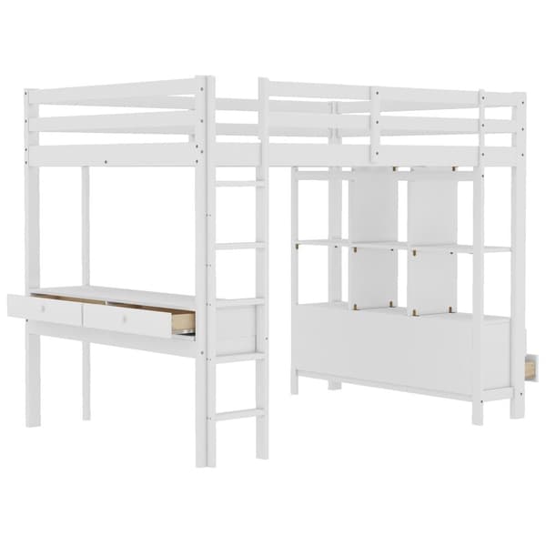 140 x 200 cm mellansäng av massivt furuträ med skrivbord + lådor + hyllor + spjälstomme - vit
