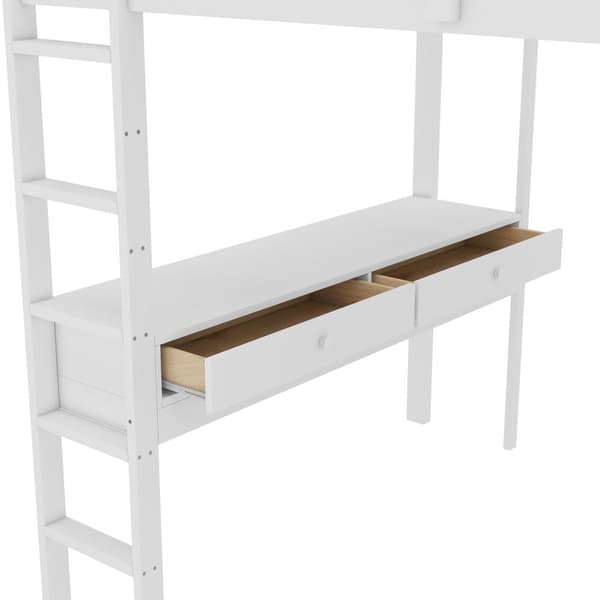 140 x 200 cm mellansäng av massivt furuträ med skrivbord + lådor + hyllor + spjälstomme - vit