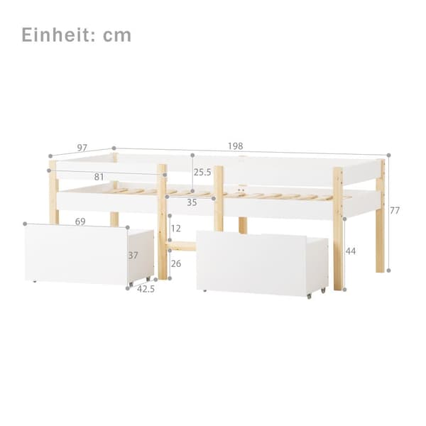 Loftsäng av massivt furuträ med lådor - 90 x 190 cm - Vit