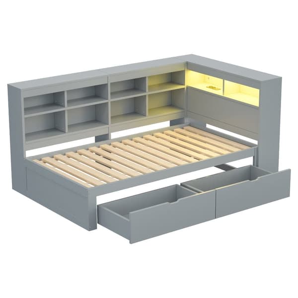 Massiivipuusta valmistettu vuodesohva 90 x 200 cm - säilytyslokerolla - USB:llä - LED-valaistuksella + pistorasialla - harmaa (ilman patjaa)