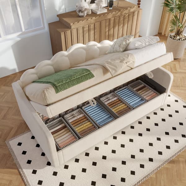 Bäddsoffa med förvaringsutrymme 90x200 cm - Färgskiftande LED-belysning - Sammet - Beige (utan madrass)