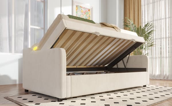 Bäddsoffa med förvaringsutrymme 90x200 cm - Färgskiftande LED-belysning - Sammet - Beige (utan madrass)