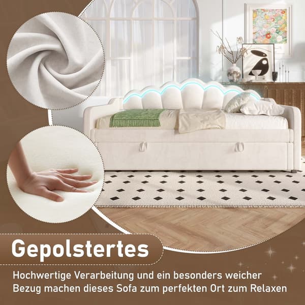 Bäddsoffa med förvaringsutrymme 90x200 cm - Färgskiftande LED-belysning - Sammet - Beige (utan madrass)