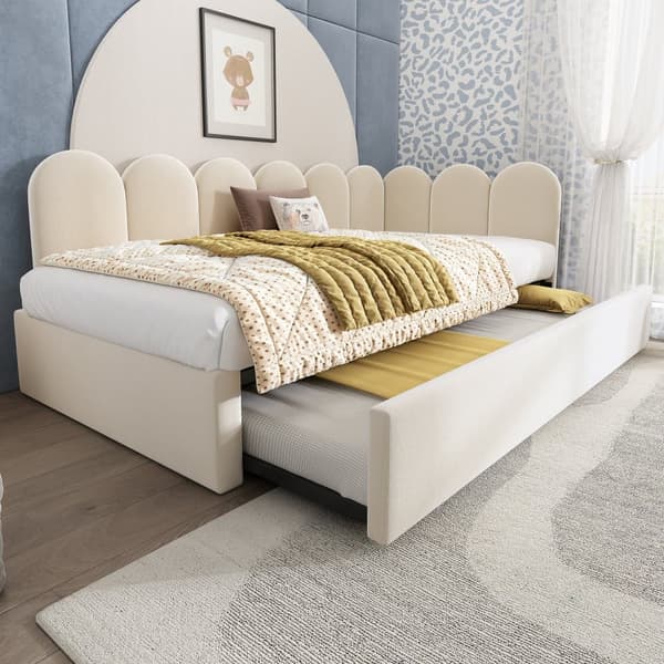 Sofaskammel 90x200 cm - med sovesofa 90x190 cm - fløjlsstof - beige