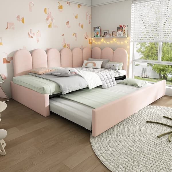 Sofaskammel 90x200 cm - med sovesofa 90x190 cm - Velour stof - Pink