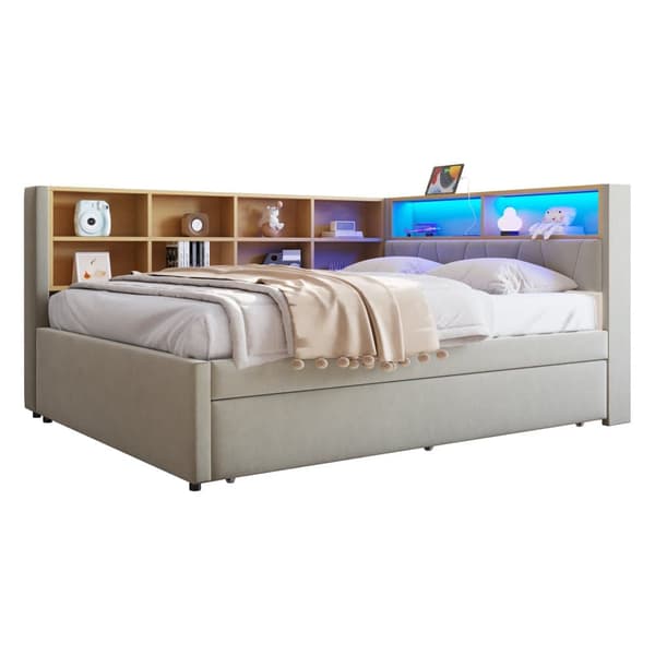 Bäddsoffa 140x200 - med utdragbar säng 90x190 cm - med USB-anslutning - mycket förvaringsutrymme - stoppad säng - ljusgrå (utan madrass)