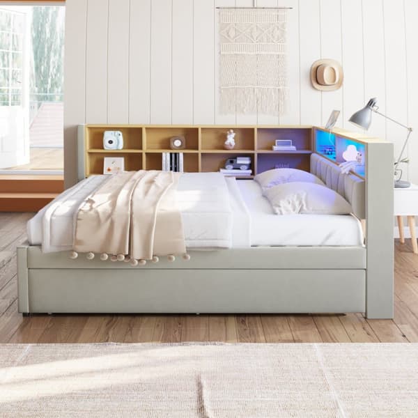 Bäddsoffa 140x200 - med utdragbar säng 90x190 cm - med USB-anslutning - mycket förvaringsutrymme - stoppad säng - ljusgrå (utan madrass)