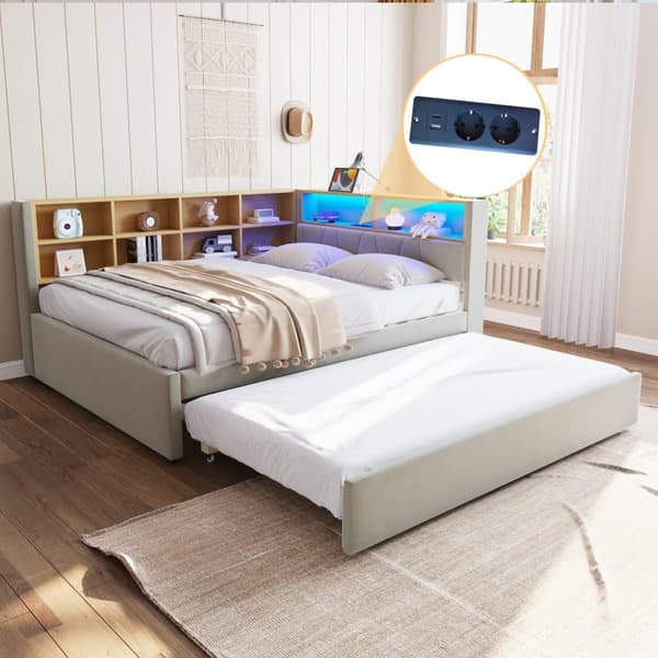 Bäddsoffa 140x200 - med utdragbar säng 90x190 cm - med USB-anslutning - mycket förvaringsutrymme - stoppad säng - ljusgrå (utan madrass)