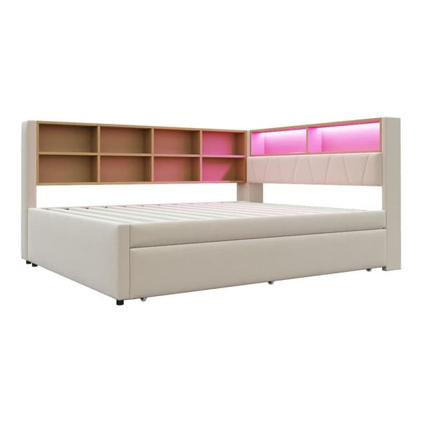 Sovesofa 140x200 - med udtræksseng 90x190 cm - med USB-tilslutning - masser af opbevaringsplads - polstret seng - beige (uden madras)