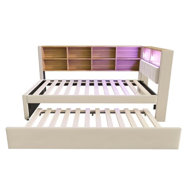 Bäddsoffa 90x200 - med utdragbar säng 90x190 cm - med USB-anslutning - gott om förvaringsutrymme - stoppad säng - beige (utan madrass)