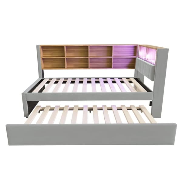 Sovesofa 90x200 - med udtræksseng 90x190 cm - med USB-tilslutning - masser af opbevaringsplads - polstret seng - lysegrå (uden madras)